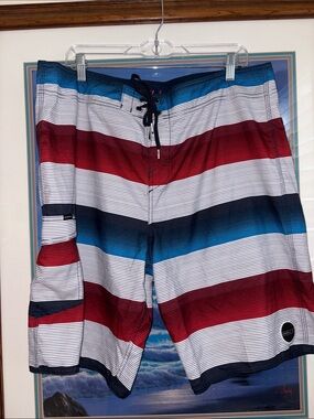 O'Neill Men’s Striped Boardshorts - Maroon, Blue & White